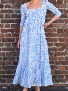 Madison Mathews Square Neck Blue Floral 3/4 Length Sleeve Maxi Dress Size Small